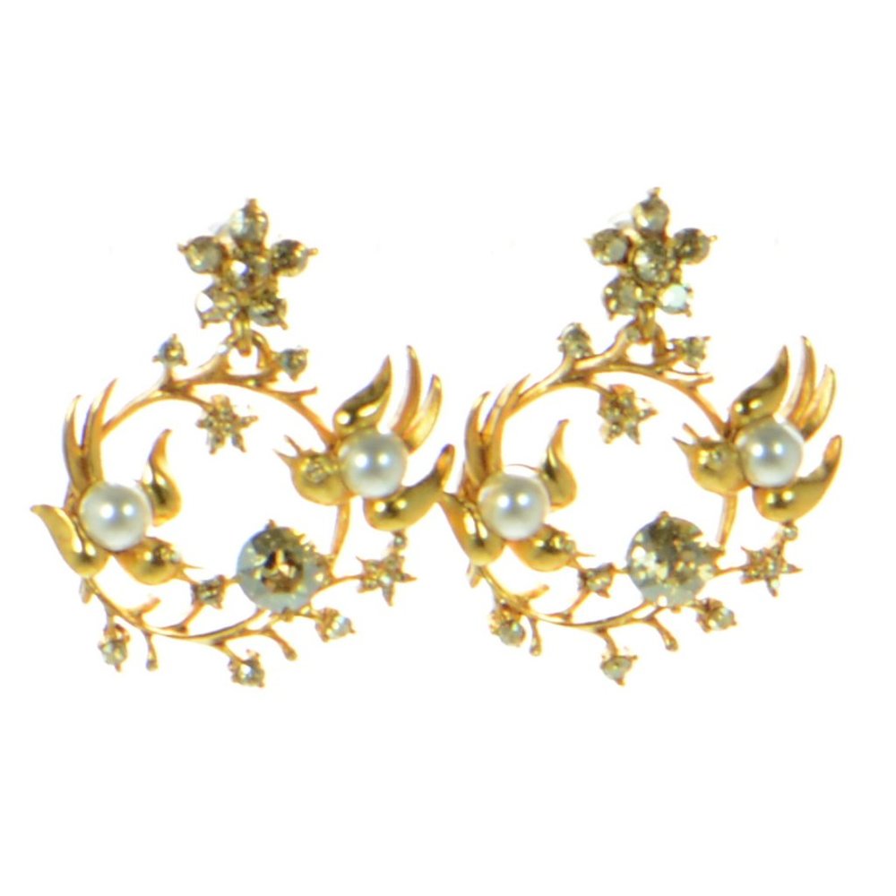 OSCAR DE LA RENTA Gold-tone Crystal and Pearl Bird Drop Earrings